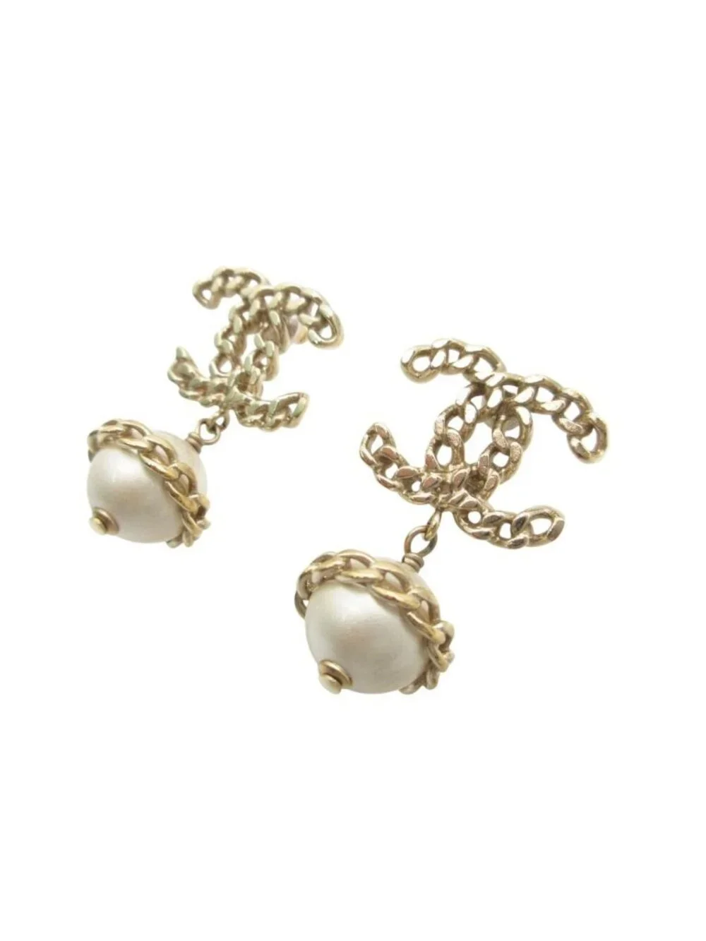 Chanel Earrings CC Logo Faux Pearl Chain Swing Gold